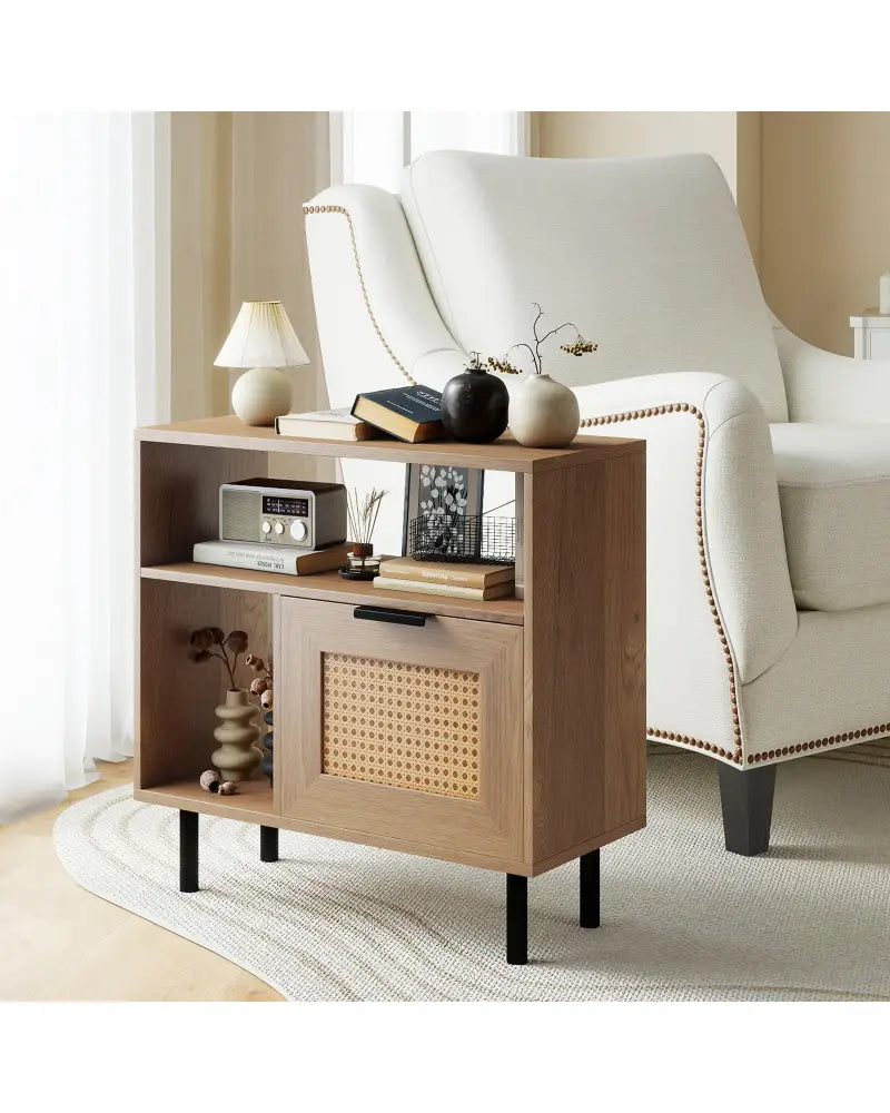 Accent Side End Table with Storage Shelf and Cabinet for Small Space-Natural - Natural - End & Side Tables