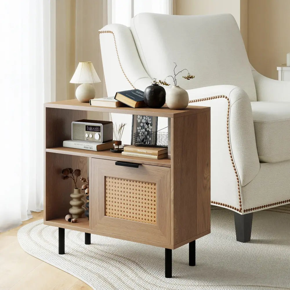 Accent Side End Table with Storage Shelf and Cabinet for Small Space-Natural - Natural - End & Side Tables