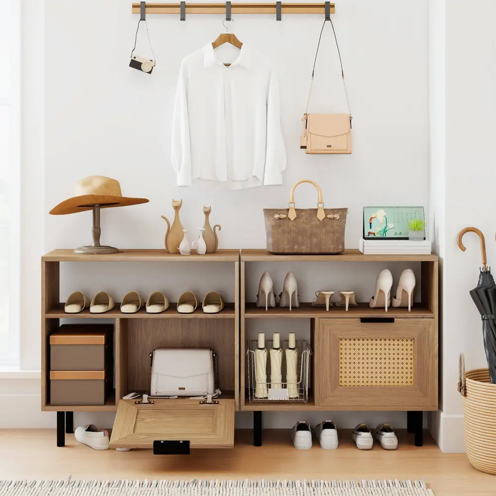 Accent Side End Table with Storage Shelf and Cabinet for Small Space-Natural - Natural - End & Side Tables