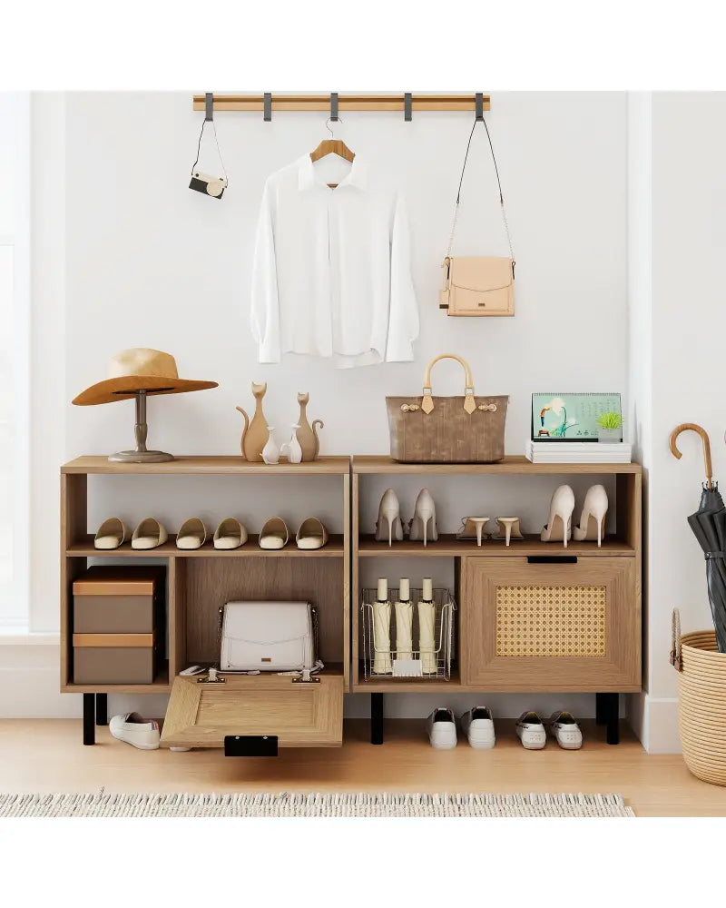 Accent Side End Table with Storage Shelf and Cabinet for Small Space-Natural - Natural - End & Side Tables