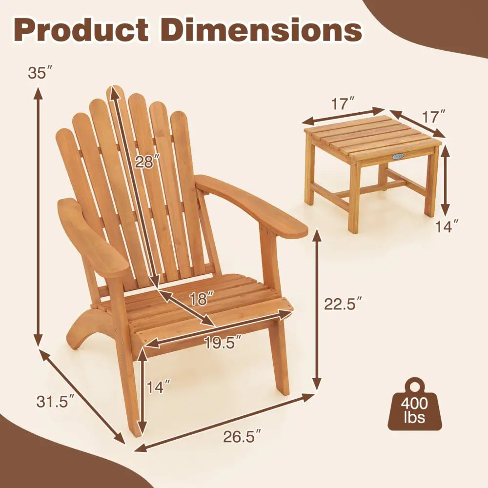 Adirondack Chair Set of 2 with Side Table for Deck Garden and Porch - Patio Conversation Sets