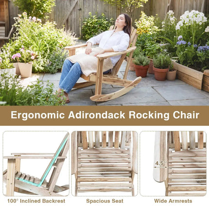 Adirondack Rocking Chair with Slatted Seat and High Fanned Back-Natural - Natural - Adirondack Chairs