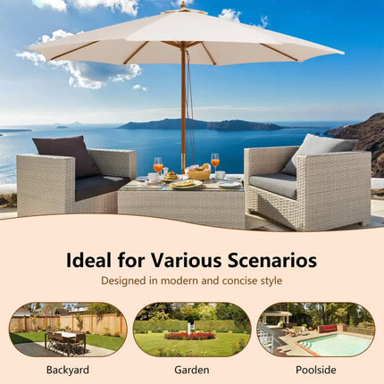 Adjustable 10 Feet Wooden Outdoor Umbrella Sunshade-Beige - Beige - Outdoor Umbrellas