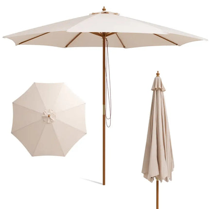 Adjustable 10 Feet Wooden Outdoor Umbrella Sunshade-Beige - Beige - Outdoor Umbrellas