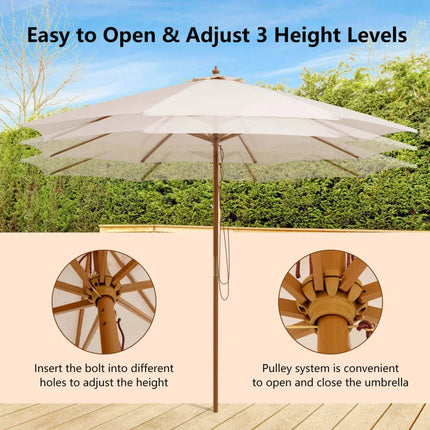 Adjustable 10 Feet Wooden Outdoor Umbrella Sunshade-Beige - Beige - Outdoor Umbrellas