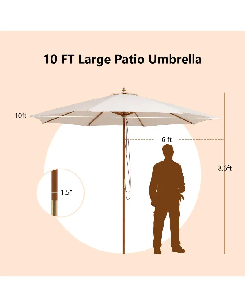 Adjustable 10 Feet Wooden Outdoor Umbrella Sunshade-Beige - Beige - Outdoor Umbrellas