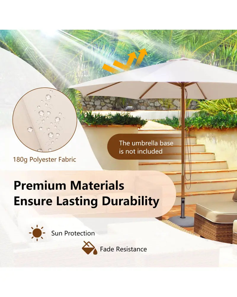 Adjustable 10 Feet Wooden Outdoor Umbrella Sunshade-Beige - Beige - Outdoor Umbrellas