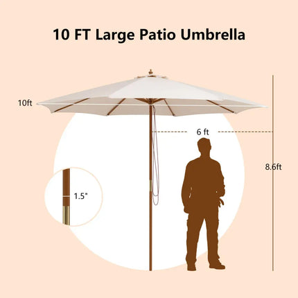 Adjustable 10 Feet Wooden Outdoor Umbrella Sunshade-Beige - Beige - Outdoor Umbrellas