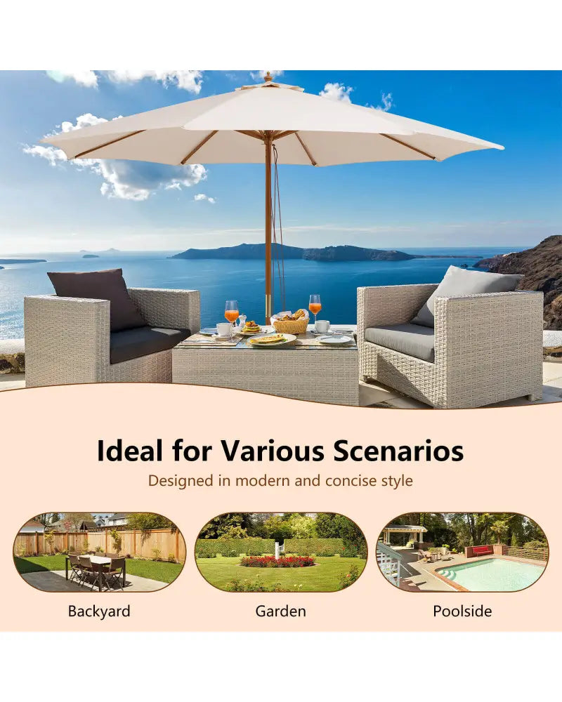 Adjustable 10 Feet Wooden Outdoor Umbrella Sunshade-Beige - Beige - Outdoor Umbrellas