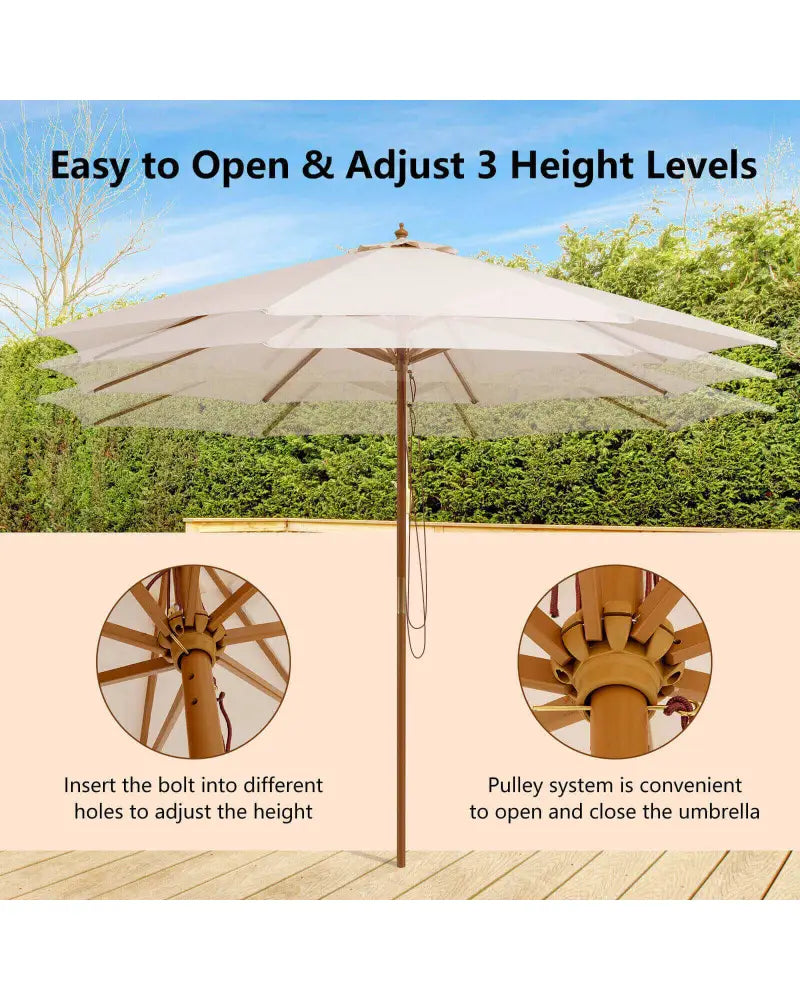 Adjustable 10 Feet Wooden Outdoor Umbrella Sunshade-Beige - Beige - Outdoor Umbrellas