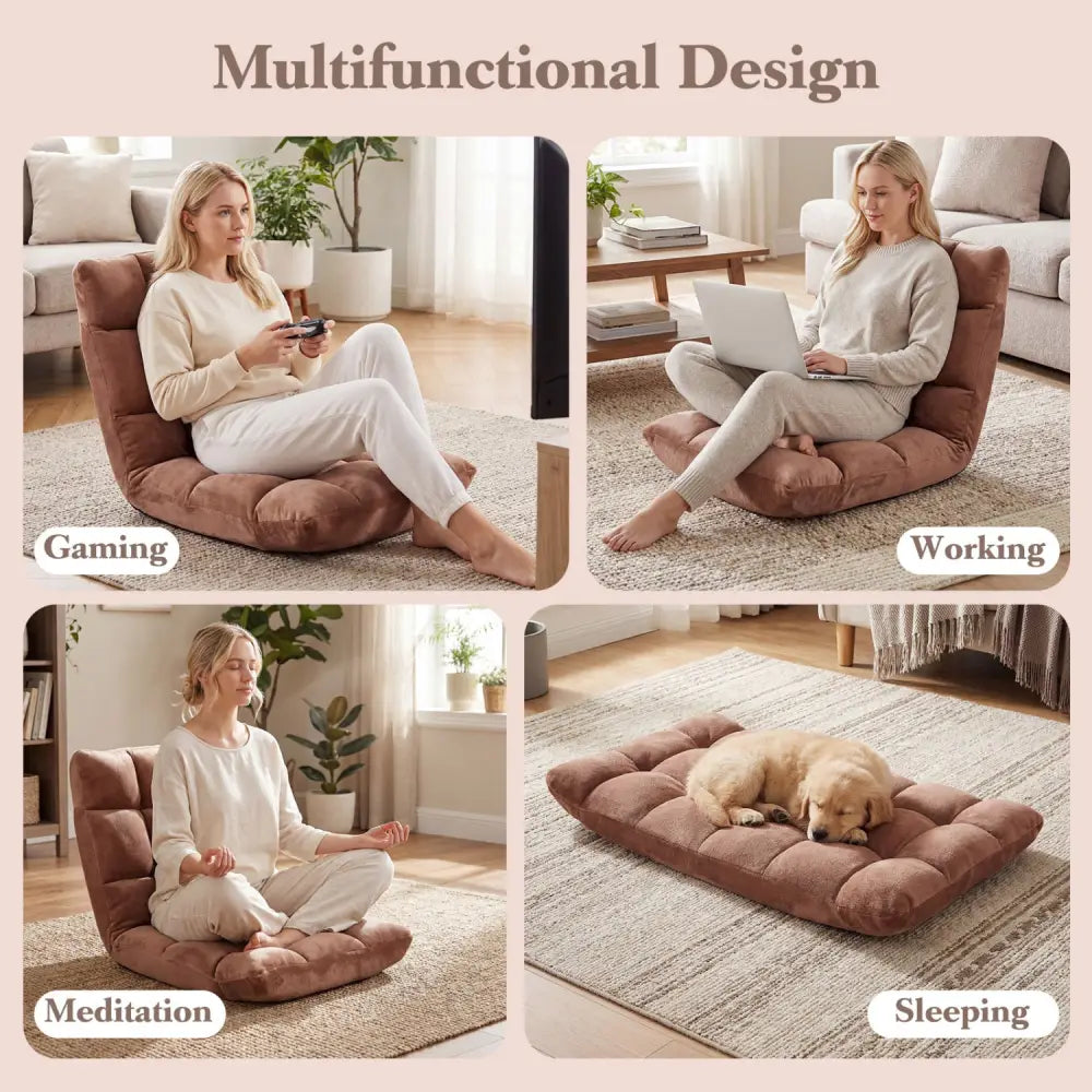 Adjustable 14-position Cushioned Floor Chair-Beige - Beige - Floor Chairs