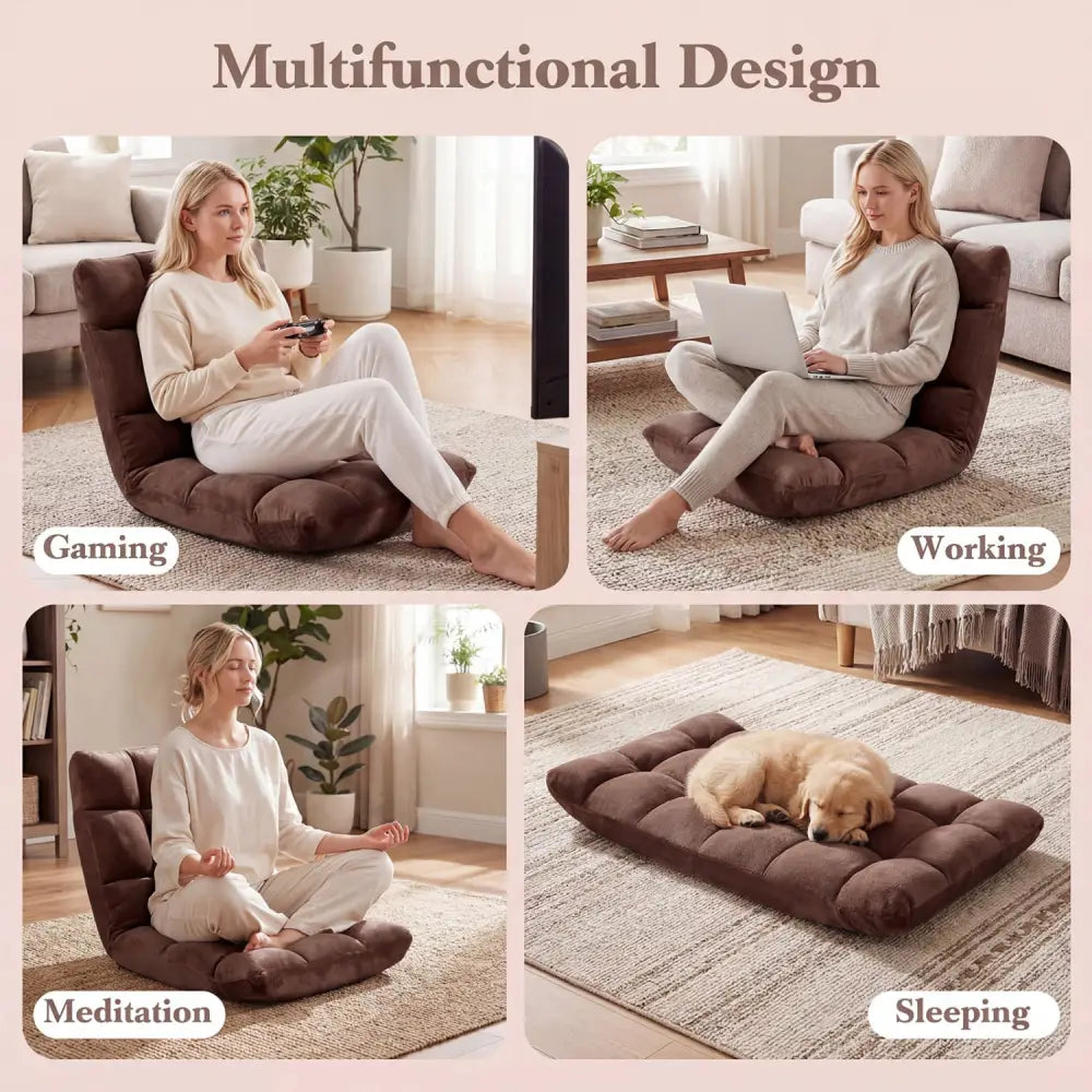 Adjustable 14-position Cushioned Floor Chair-Coffee - Brown - Floor Chairs