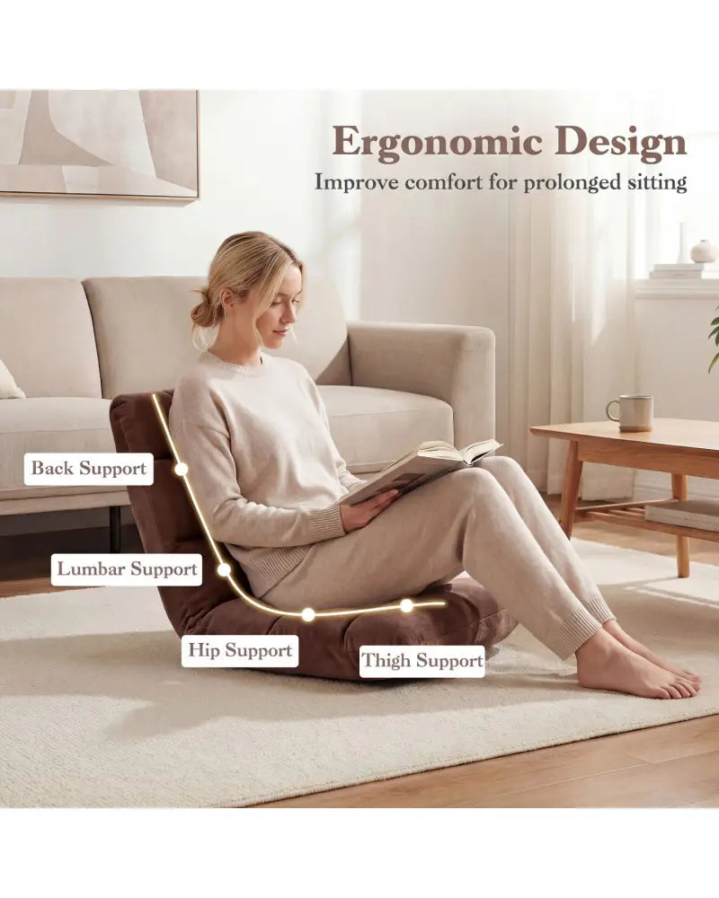 Adjustable 14-position Cushioned Floor Chair-Coffee - Brown - Floor Chairs