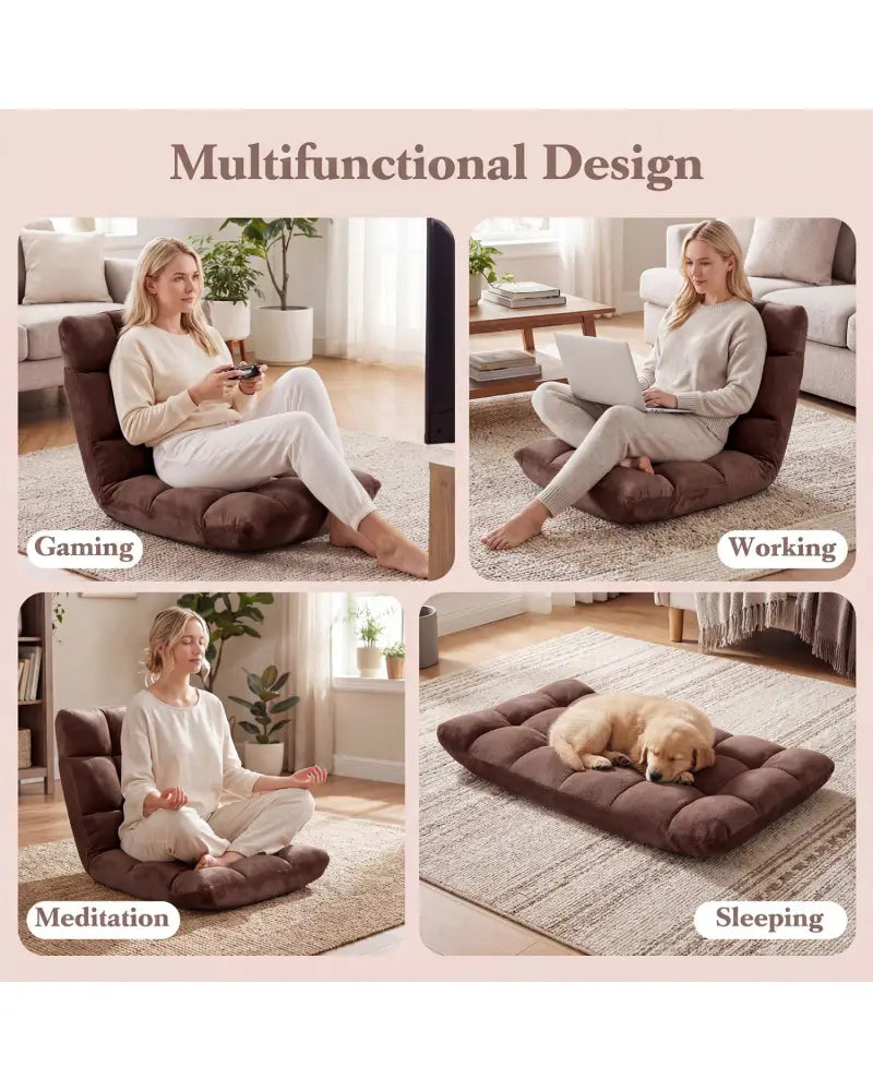 Adjustable 14-position Cushioned Floor Chair-Coffee - Brown - Floor Chairs