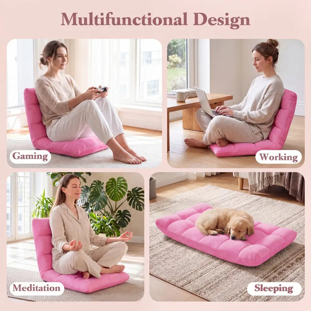 Adjustable 14-position Cushioned Floor Chair-Pink - Pink - Floor Chairs