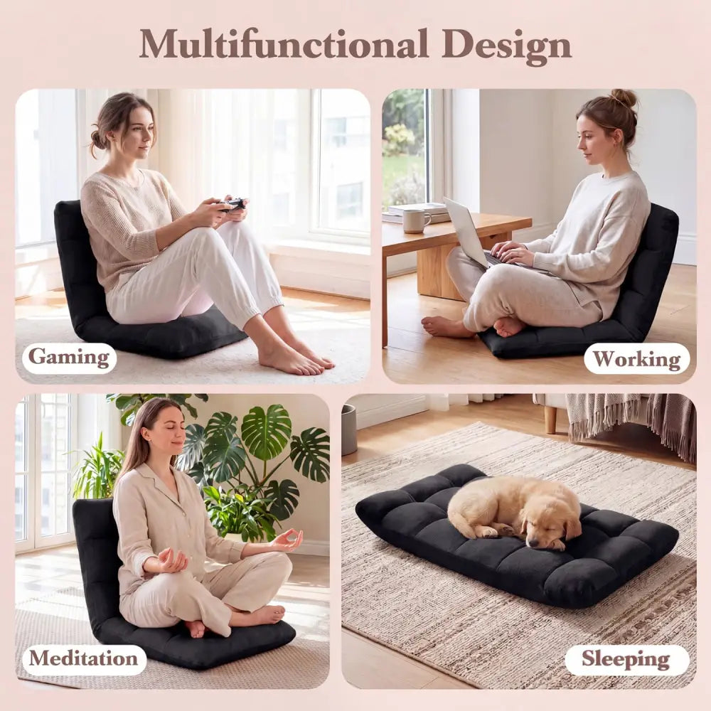 Adjustable 14-Position Floor Chair Folding Lazy Gaming Sofa Chair-Black - Black - Floor Chairs