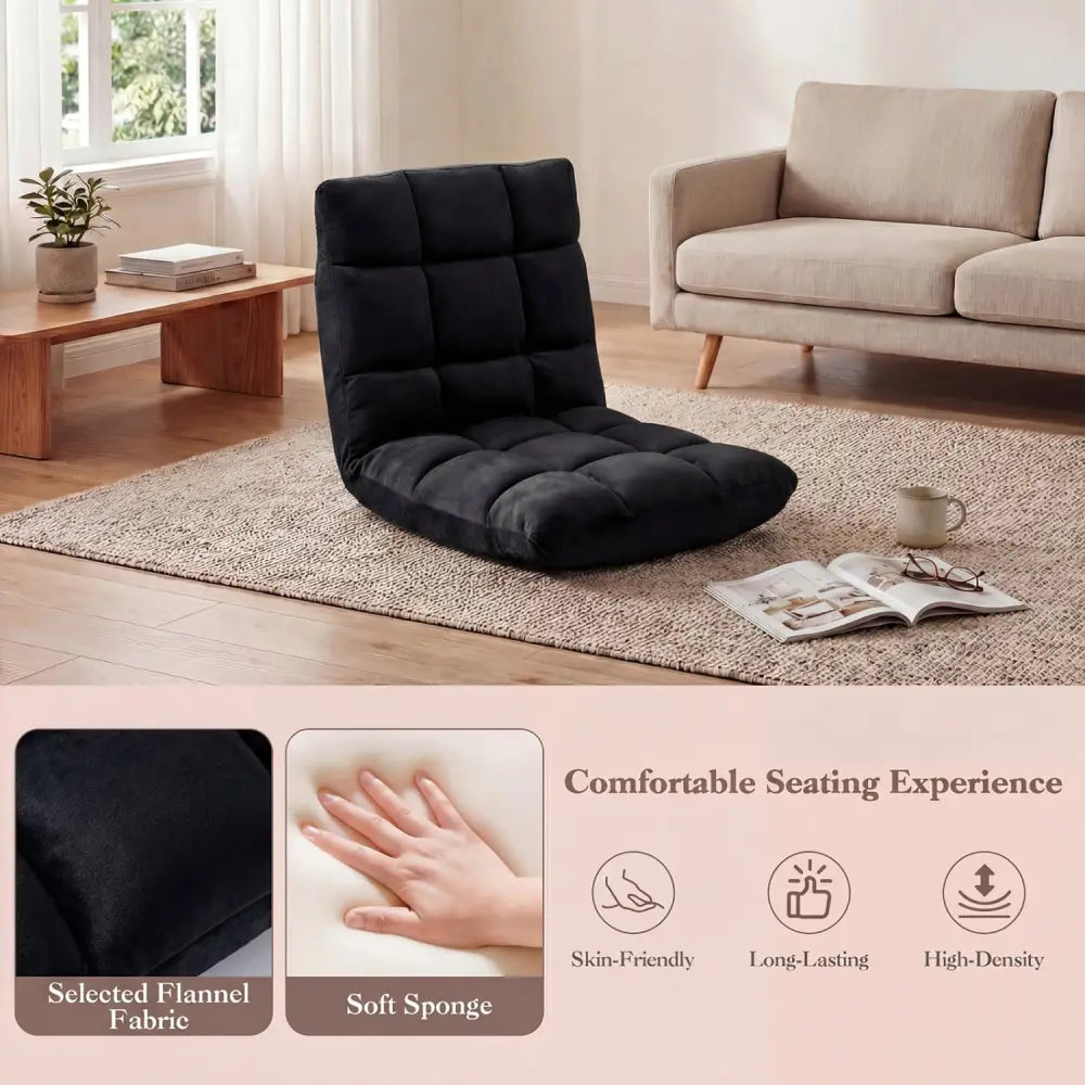 Adjustable 14-Position Floor Chair Folding Lazy Gaming Sofa Chair-Black - Black - Floor Chairs
