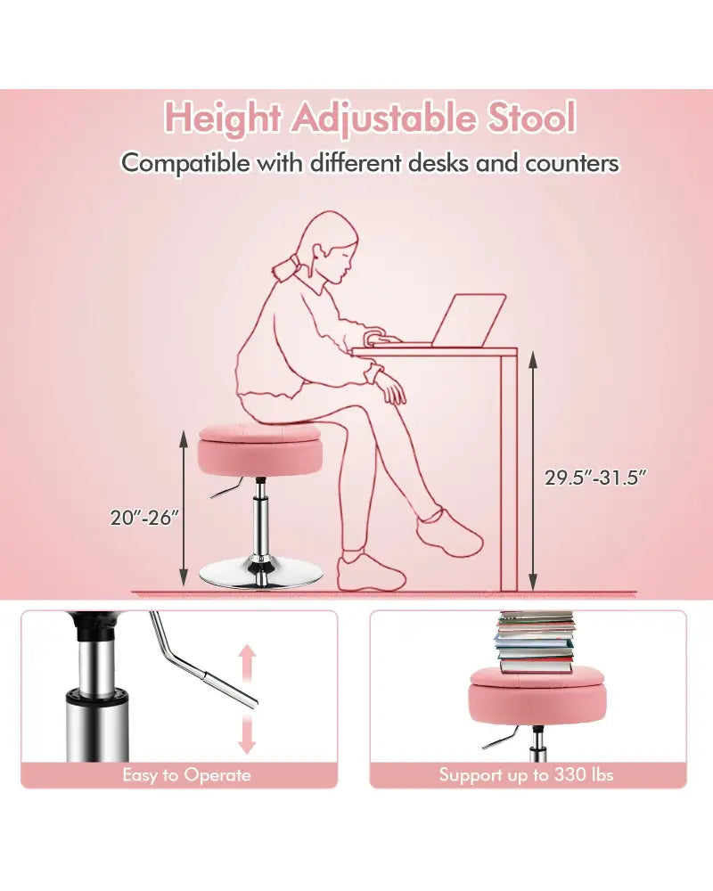 Adjustable 360Â° Swivel Storage Vanity Stool with Removable Tray-Pink - Pink - Ottomans