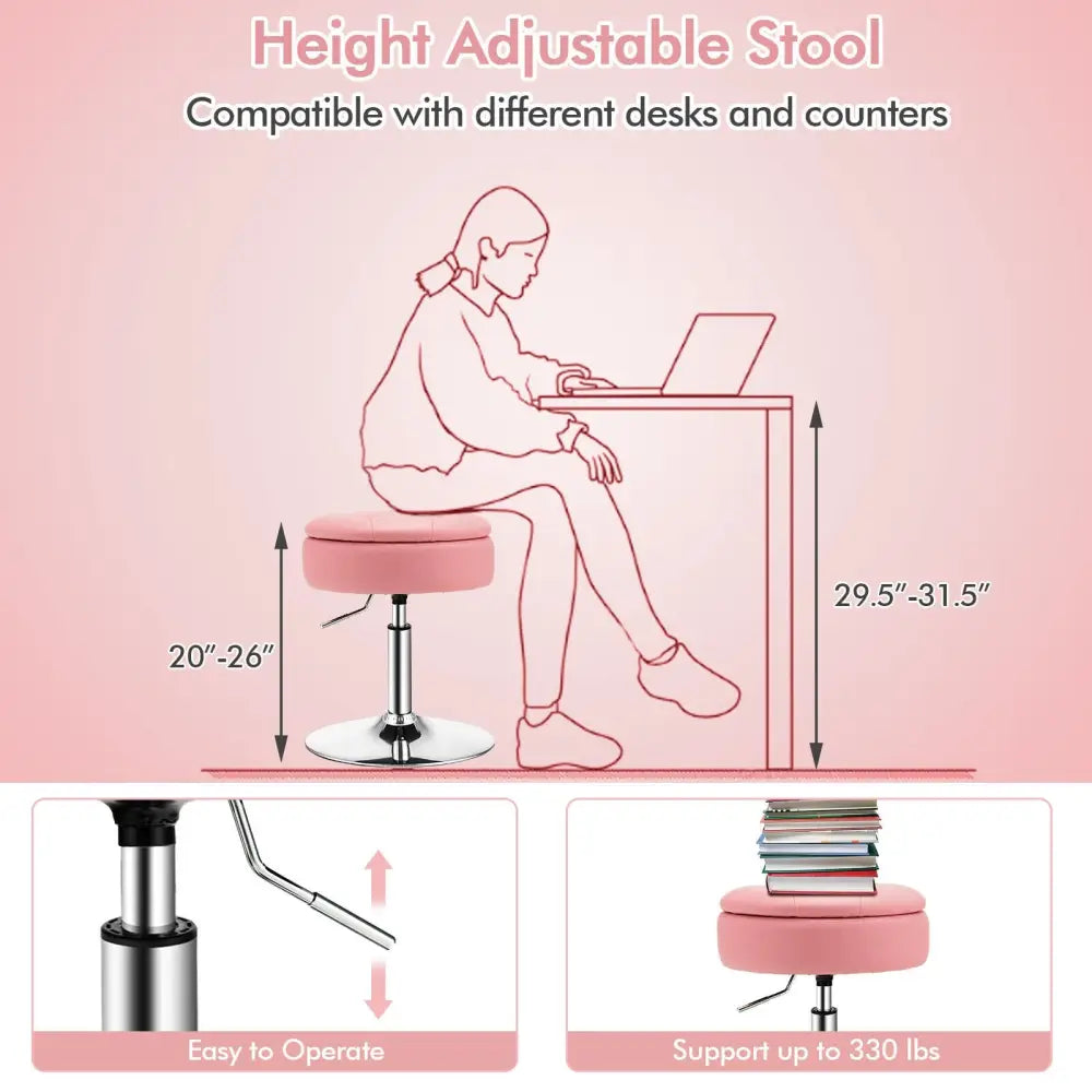 Adjustable 360Â° Swivel Storage Vanity Stool with Removable Tray-Pink - Pink - Ottomans