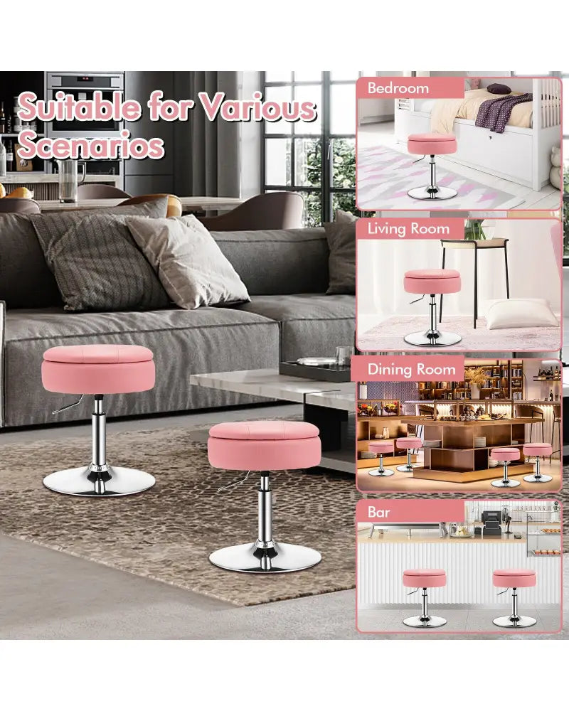 Adjustable 360Â° Swivel Storage Vanity Stool with Removable Tray-Pink - Pink - Ottomans