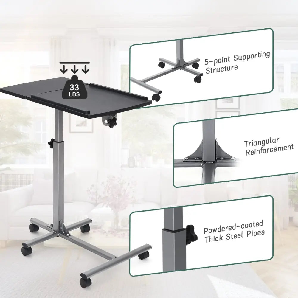 Adjustable Angle Height Rolling Laptop Table - Black - Laptop Tables & Printer Stands