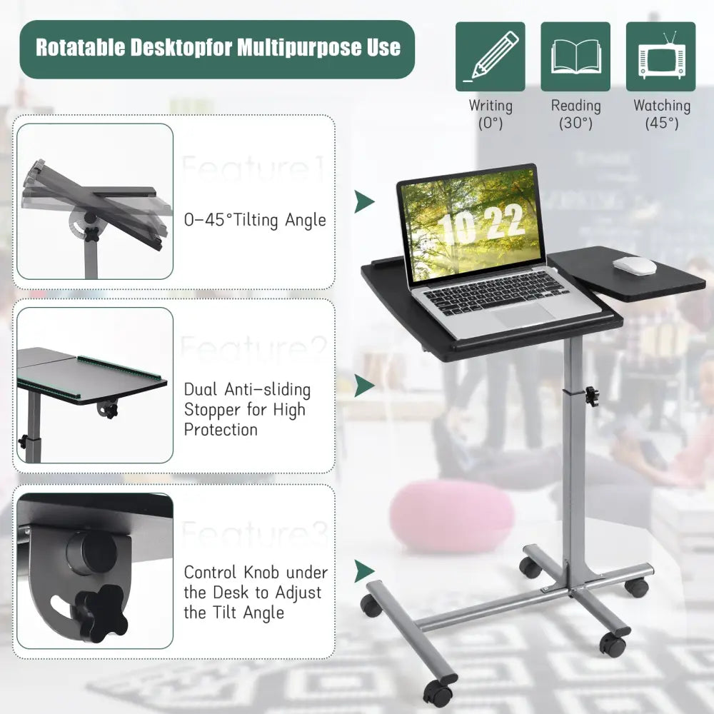 Adjustable Angle Height Rolling Laptop Table - Black - Laptop Tables & Printer Stands