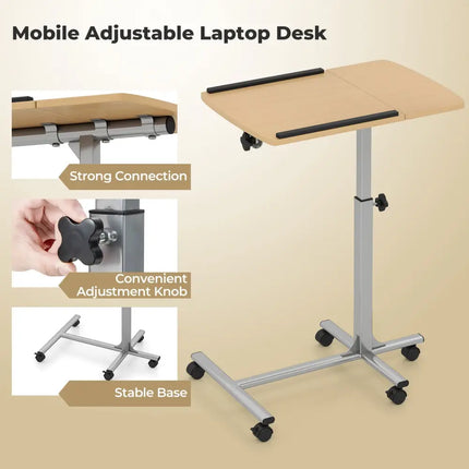 Adjustable Angle Height Rolling Laptop Table-Natural - Natural - Laptop Tables & Printer Stands
