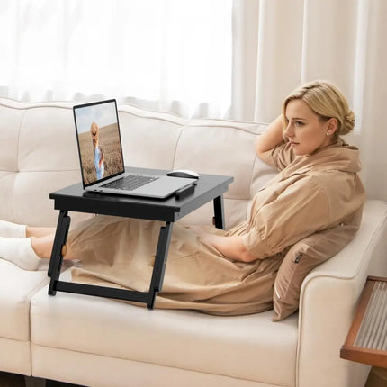 Adjustable Bamboo Laptop Desk with Tilting Top and Drawer-Brown - Brown - Laptop Tables & Printer Stands