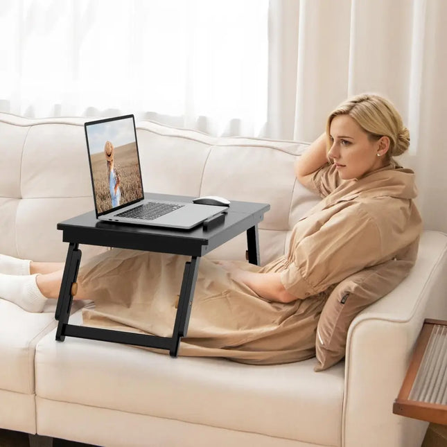 Adjustable Bamboo Laptop Desk with Tilting Top and Drawer-Brown - Brown - Laptop Tables & Printer Stands