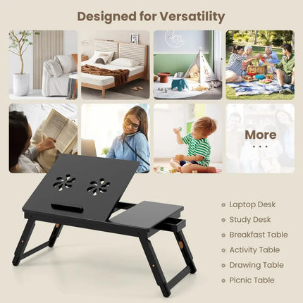 Adjustable Bamboo Laptop Desk with Tilting Top and Drawer-Brown - Brown - Laptop Tables & Printer Stands