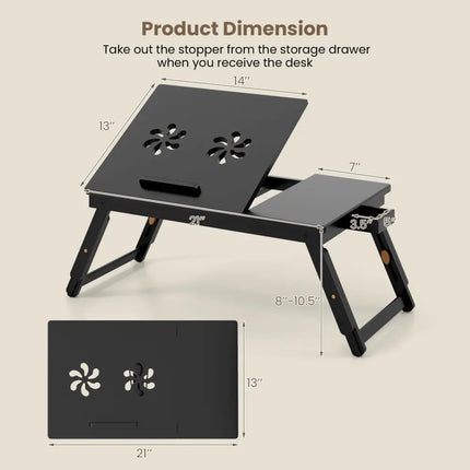 Adjustable Bamboo Laptop Desk with Tilting Top and Drawer-Brown - Brown - Laptop Tables & Printer Stands