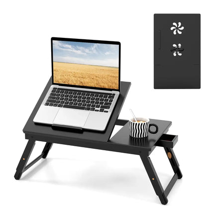Adjustable Bamboo Laptop Desk with Tilting Top and Drawer-Brown - Brown - Laptop Tables & Printer Stands