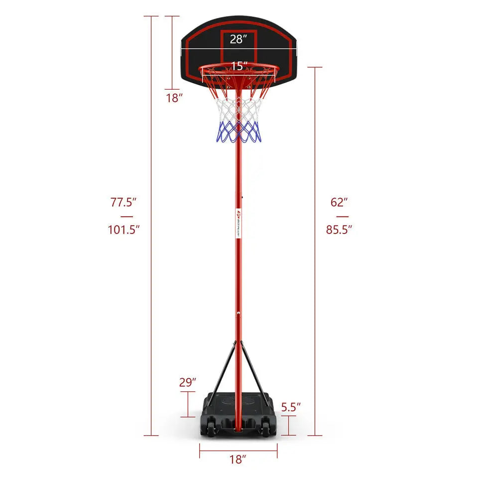Adjustable Basketball Hoop System Stand Portable with 2 Wheels Fillable Base-Black & Red - Red - Sport Equipments