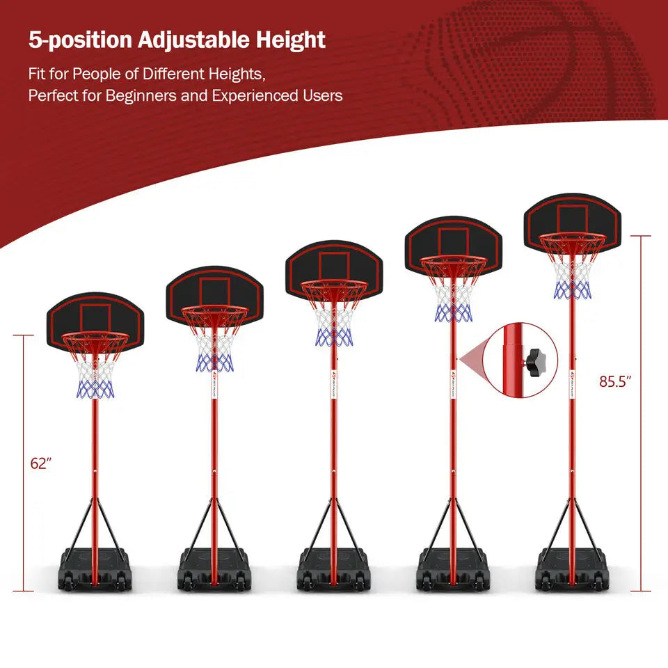 Adjustable Basketball Hoop System Stand Portable with 2 Wheels Fillable Base-Black & Red - Red - Sport Equipments