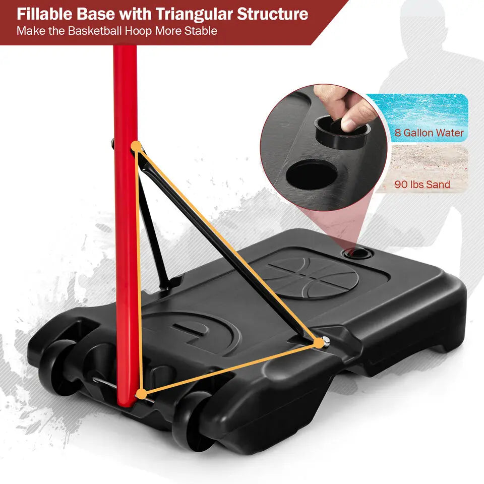 Adjustable Basketball Hoop System Stand Portable with 2 Wheels Fillable Base-Black & Red - Red - Sport Equipments