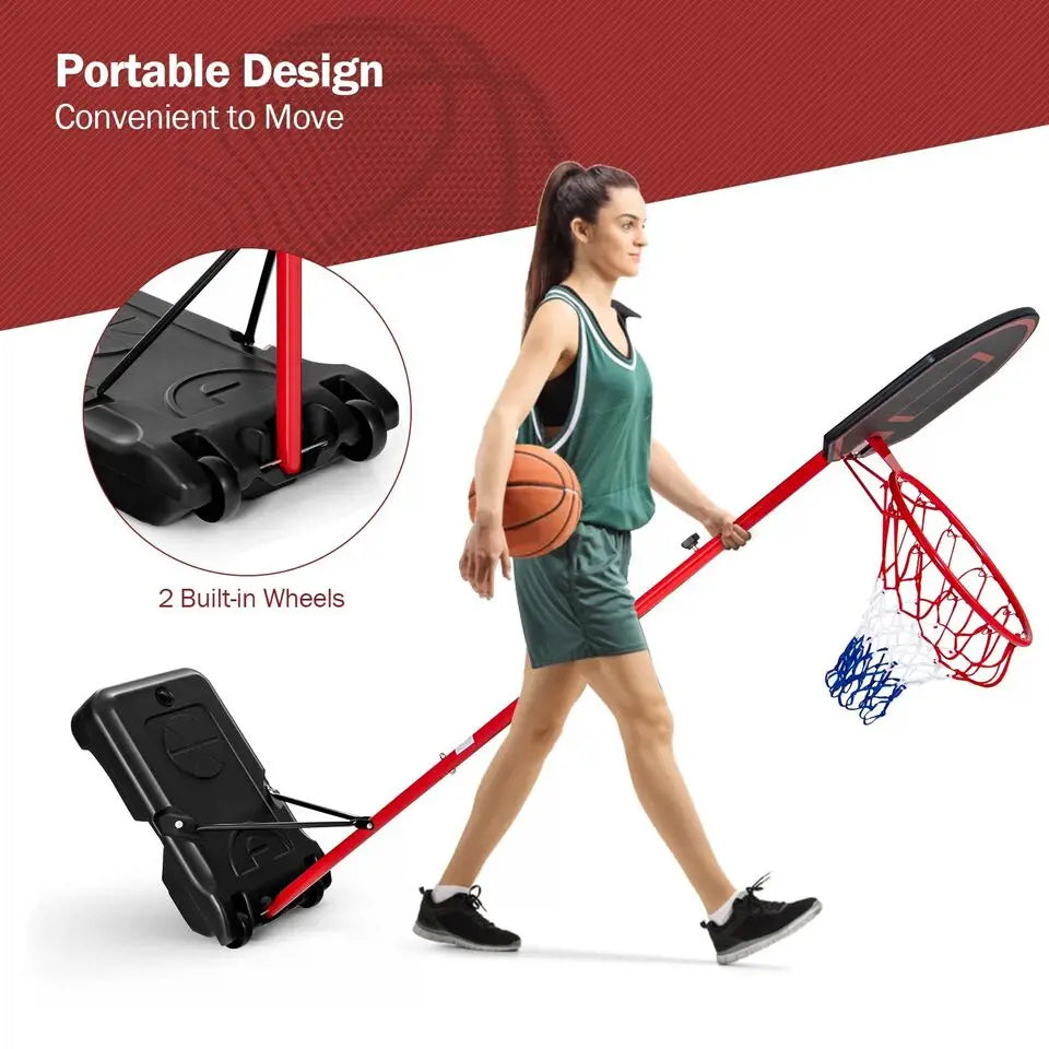 Adjustable Basketball Hoop System Stand Portable with 2 Wheels Fillable Base-Black & Red - Red - Sport Equipments