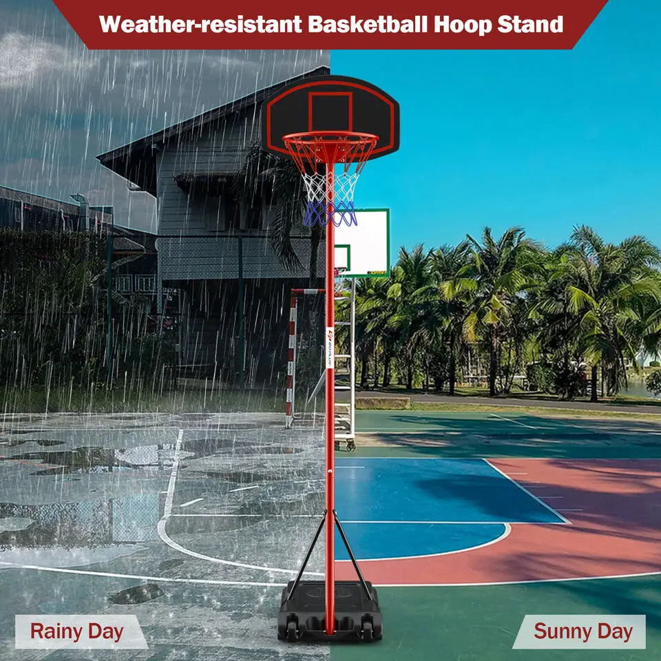 Adjustable Basketball Hoop System Stand Portable with 2 Wheels Fillable Base-Black & Red - Red - Sport Equipments