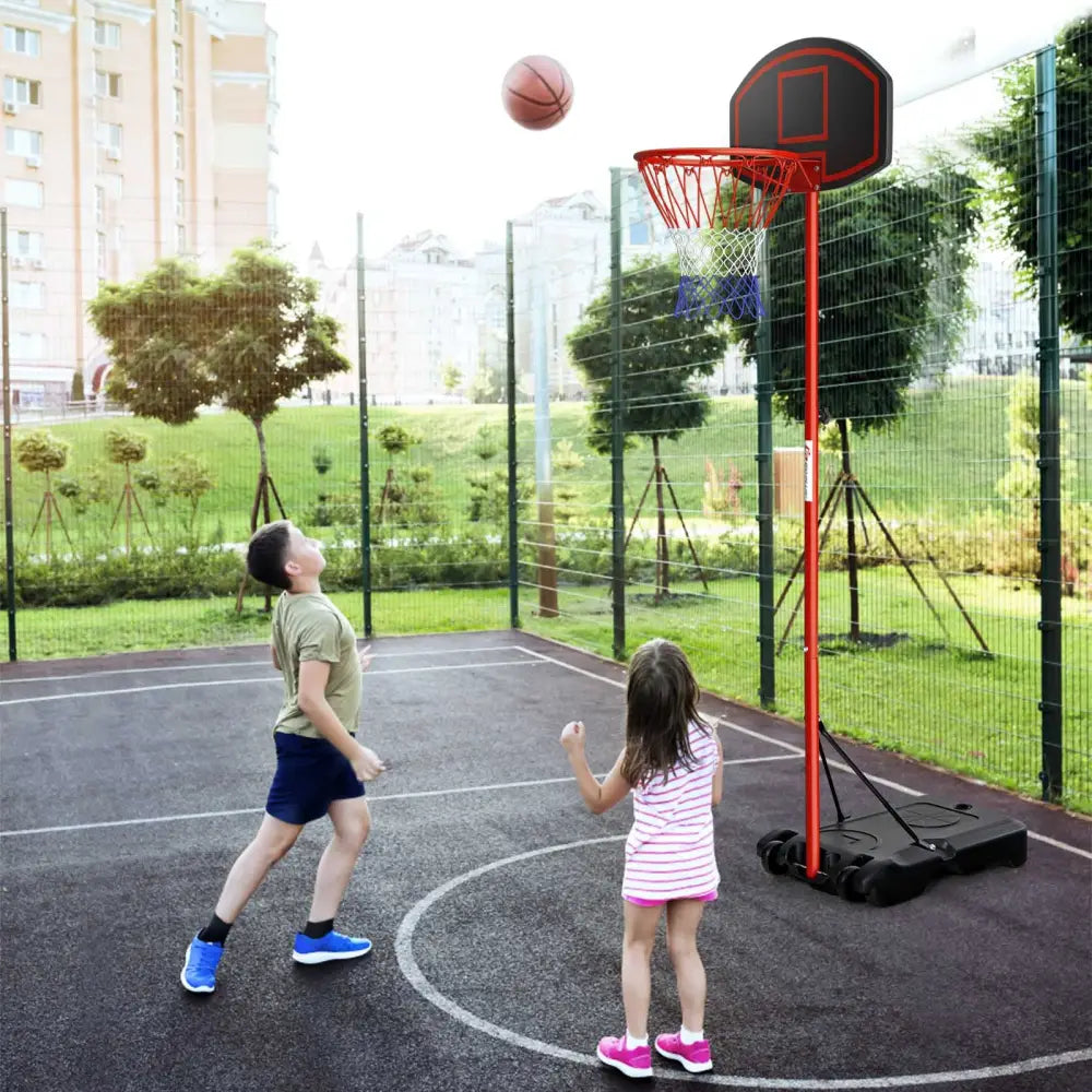 Adjustable Basketball Hoop System Stand Portable with 2 Wheels Fillable Base-Black & Red - Red - Sport Equipments