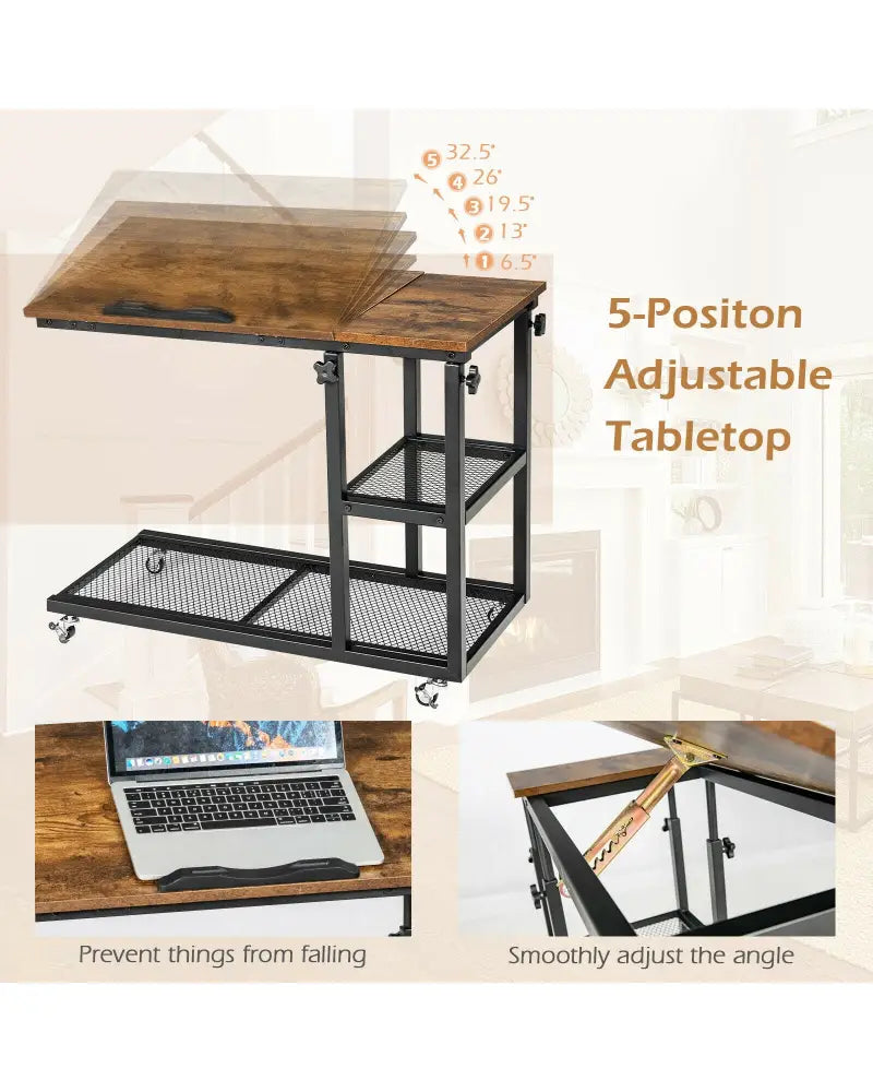 Adjustable C-Shaped Bedside Table - Rustic Brown - End & Side Tables