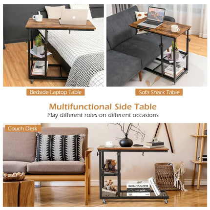 Adjustable C-Shaped Bedside Table - Rustic Brown - End & Side Tables
