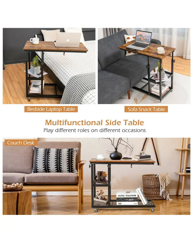 Adjustable C-Shaped Bedside Table - Rustic Brown - End & Side Tables