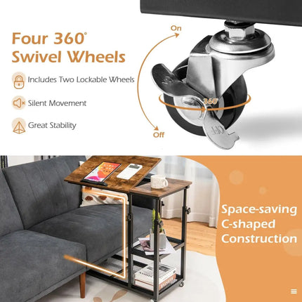 Adjustable C-Shaped Bedside Table - Rustic Brown - End & Side Tables