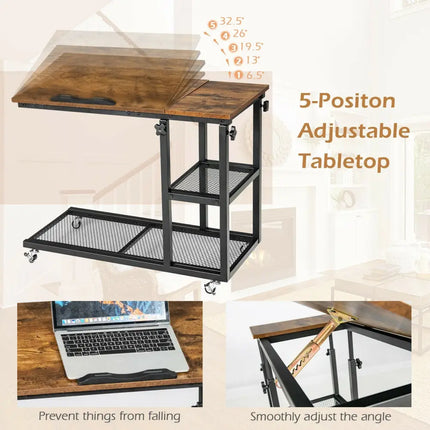 Adjustable C-Shaped Bedside Table - Rustic Brown - End & Side Tables