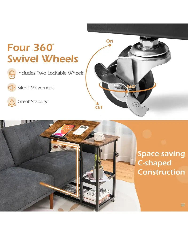 Adjustable C-Shaped Bedside Table - Rustic Brown - End & Side Tables