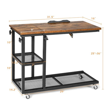 Adjustable C-Shaped Bedside Table - Rustic Brown - End & Side Tables