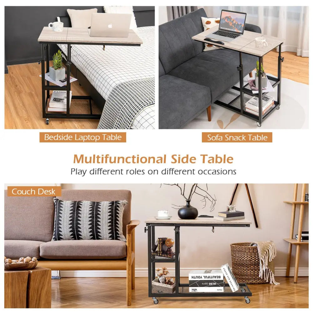 Adjustable C-Shaped Bedside Table with Wheels-Natural - Natural - End & Side Tables