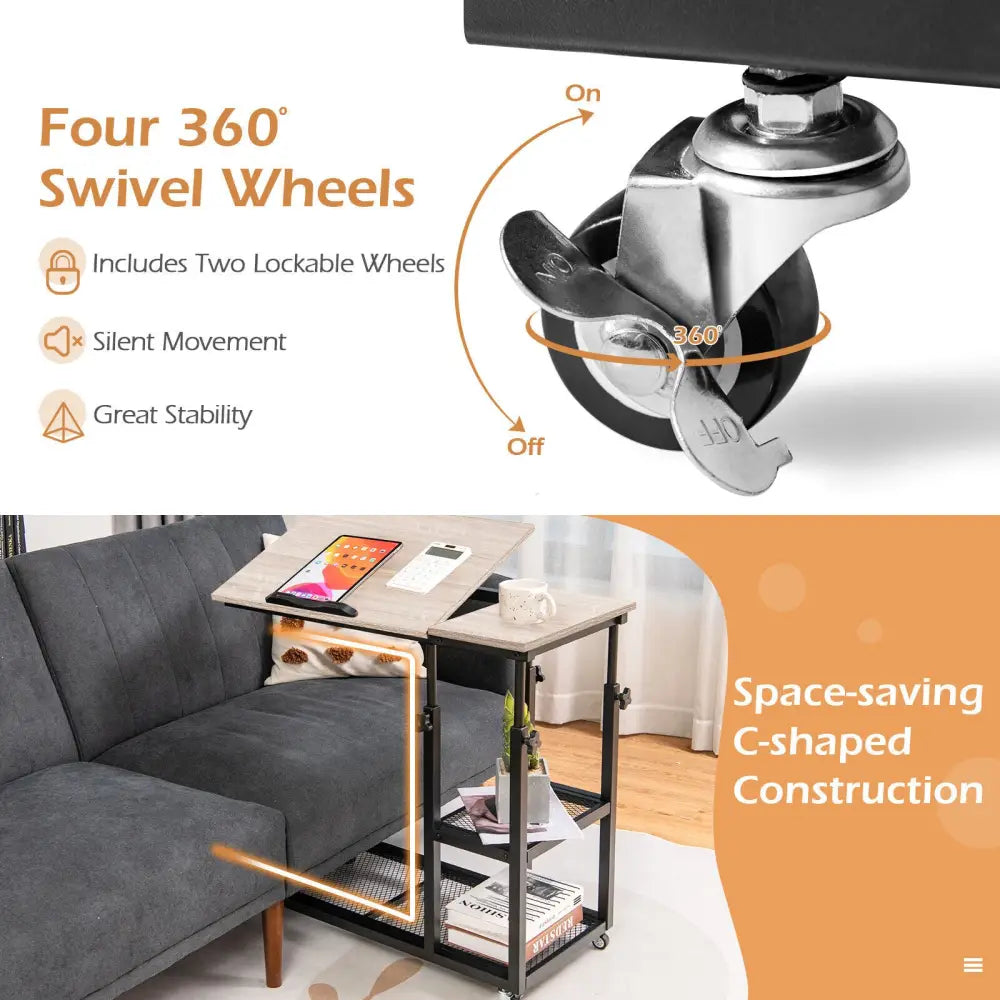 Adjustable C-Shaped Bedside Table with Wheels-Natural - Natural - End & Side Tables