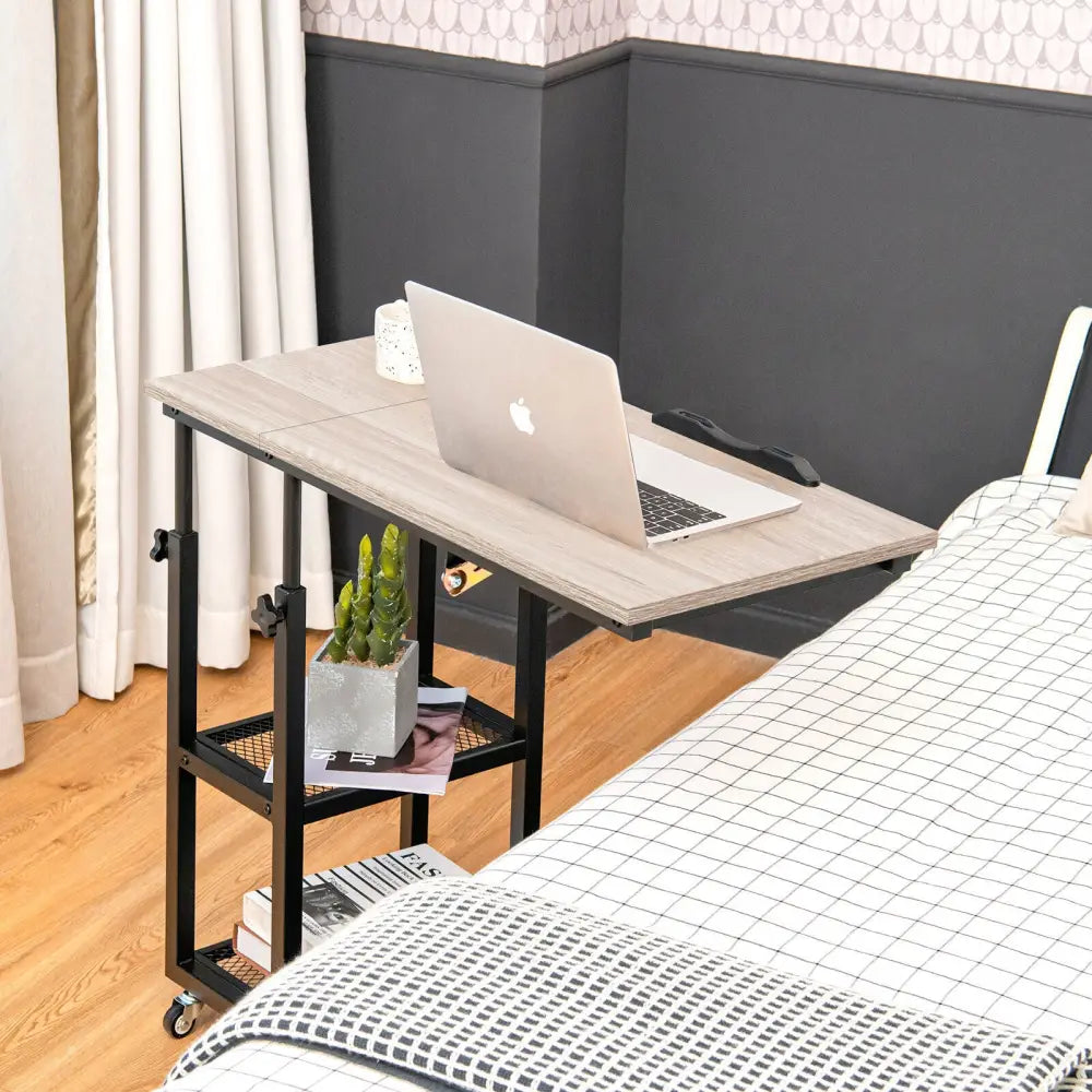 Adjustable C-Shaped Bedside Table with Wheels-Natural - Natural - End & Side Tables
