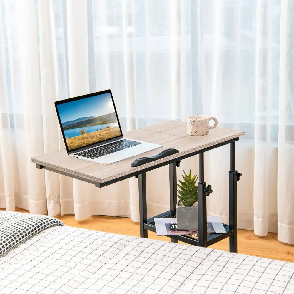 Adjustable C-Shaped Bedside Table with Wheels-Natural - Natural - End & Side Tables