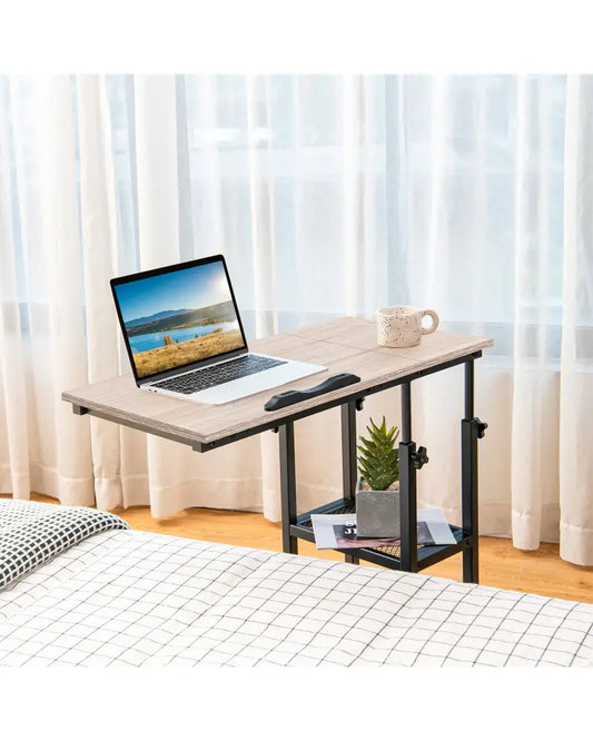 Adjustable C-Shaped Bedside Table with Wheels-Natural - Natural - End & Side Tables